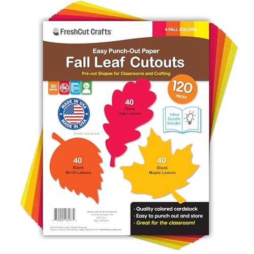 FreshCut Crafts 120 Pieces Fall Leaf Paper Cutouts with IDEA Guide, 2-Sided US Made Card Stock Punch Out Maple, Oak, and Birch Leaves for Bulletin Boards, Classroom Decor, Autumn Crafts, DIY Scrapbook, and Posters - Image 1