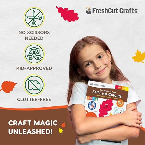 FreshCut Crafts 120 Pieces Fall Leaf Paper Cutouts with IDEA Guide, 2-Sided US Made Card Stock Punch Out Maple, Oak, and Birch Leaves for Bulletin Boards, Classroom Decor, Autumn Crafts, DIY Scrapbook, and Posters - Image 5