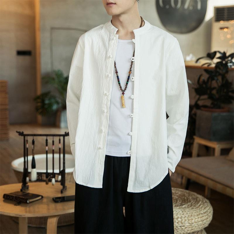 Autumn Mens Clothing Retro Style Chinese Style Cotton and Linen Chinese Style Hanfu Tang Coat Cardigan Loose Casual Long-sleeved Shirt White