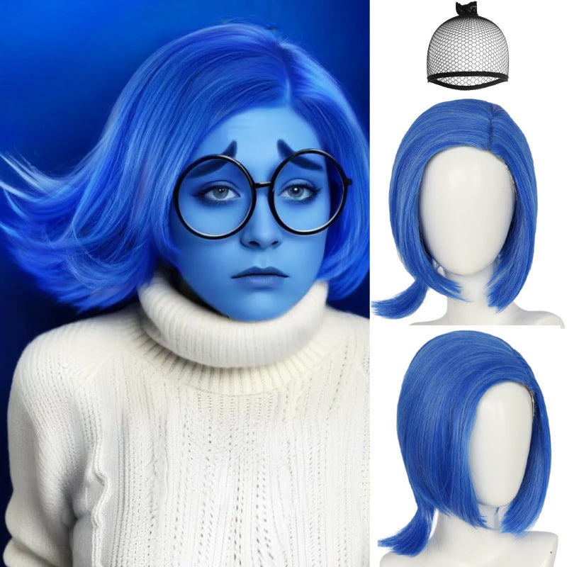 ANOGOL Hair Cap Navy Blue Bob Wig Cosplay Short Blue Wig Women Upset Wigs Sad Royal Wigs Girls Anime Outfit Synthetic Hair for Anime Cosplay Wig for Halloween Party Costume Outfit