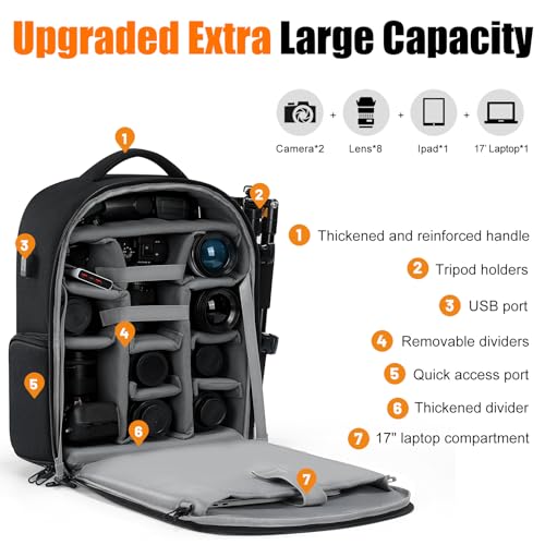 CADeN Camera Backpack Extra Large DSLR Camera Bag with 17 Laptop Compartment Waterproof Rain Cover Professional Travel Hiking Camera Backpack Bag - Image 3