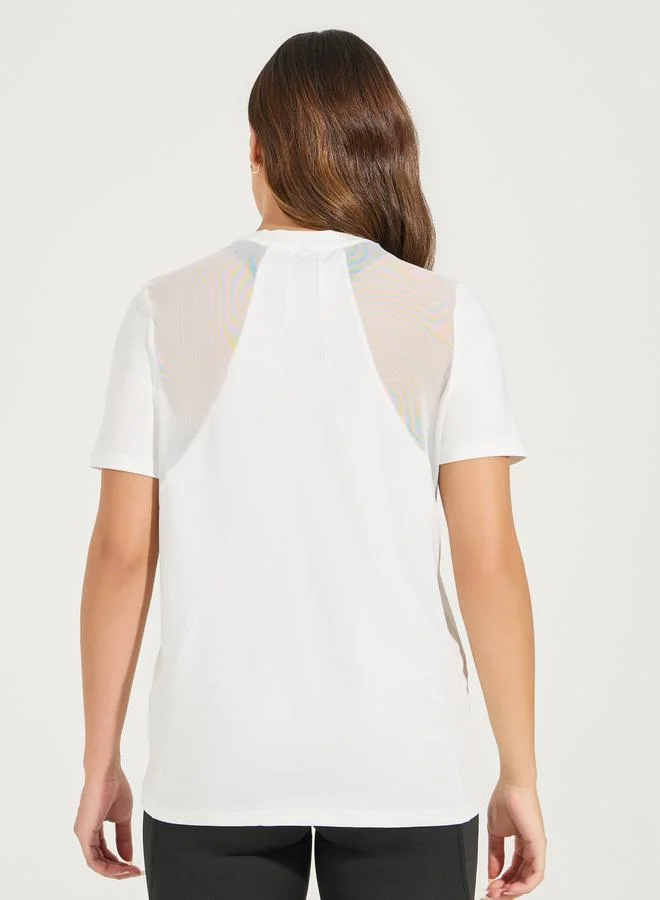 Styli Solid Mesh & Seam Detail Short Sleeves Top