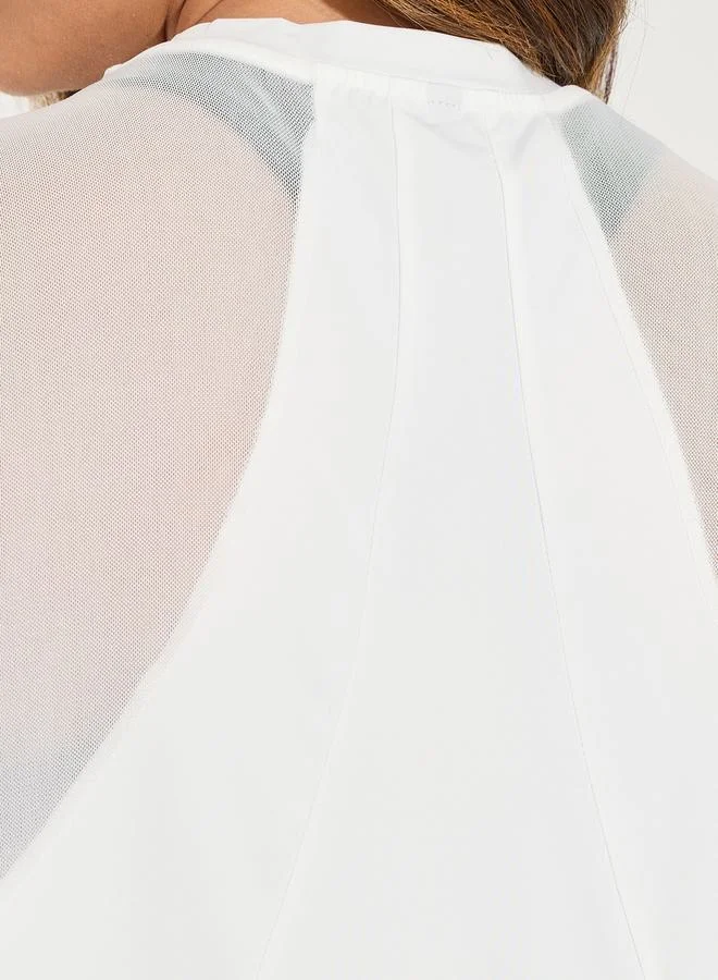 Styli Solid Mesh & Seam Detail Short Sleeves Top