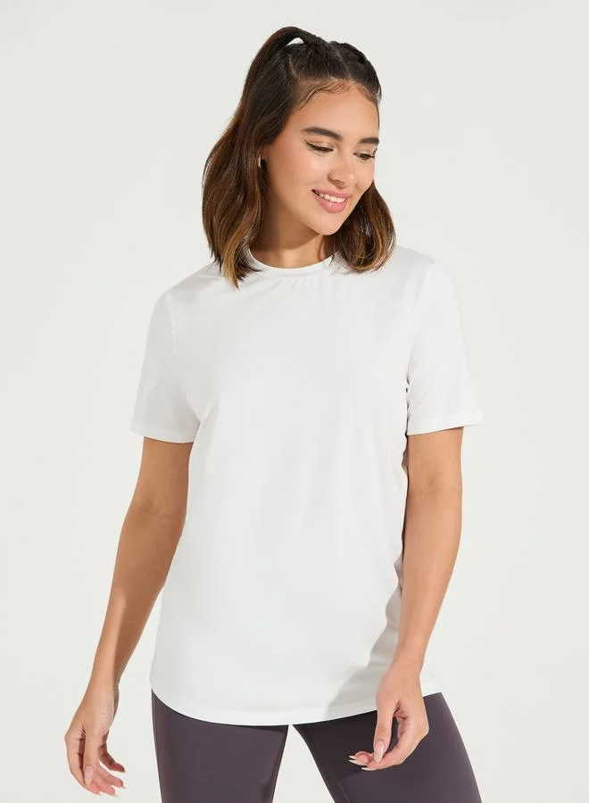Styli Solid Mesh & Seam Detail Short Sleeves Top