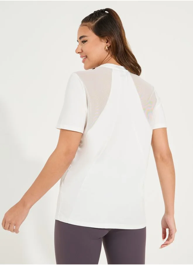 Styli Solid Mesh & Seam Detail Short Sleeves Top