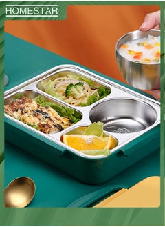 HOMESTAR Lunch Box with Cutlery & Soup Bowl 304 Stainless Steel Bento Box with 4 Compartments and Lunch Bag for Adults Kids Yellow/Green  - Image 2