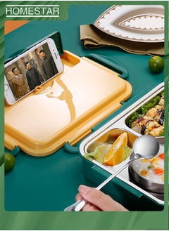 HOMESTAR Lunch Box with Cutlery & Soup Bowl 304 Stainless Steel Bento Box with 4 Compartments and Lunch Bag for Adults Kids Yellow/Green  - Image 4