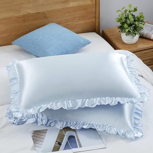 GO WELL Ruffle Satin Pillowcase for Hair and Skin, Standard Size Satin Pillow Covers Silky Pillow Cases Set of 2, Satin Ruffled Pillowcase with Envelope Closure, Anti Wrinkle Pillow Shams(Alice Blue) - Image 3