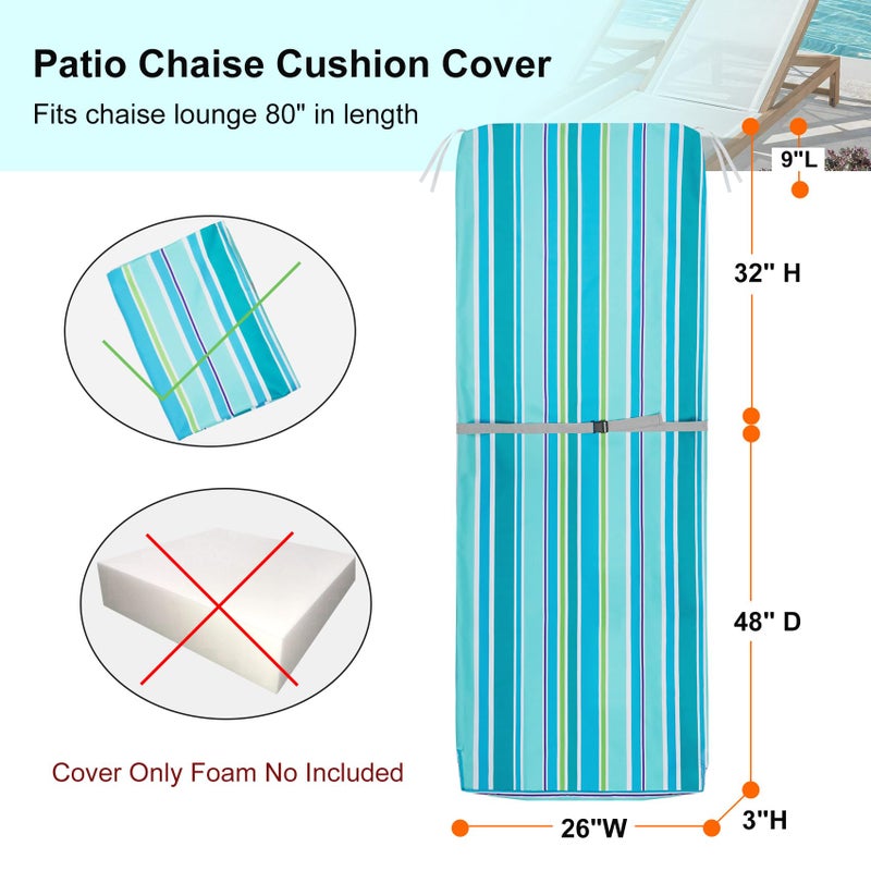 NettyPro Outdoor Patio Lounge Chair Cushion Covers Set 2 with Zipper and Tie, Water Repellent UV Resistant, 80 x 26 x 3 Inch, Replacement Cover Only, Stripes Turquoise - Image 5