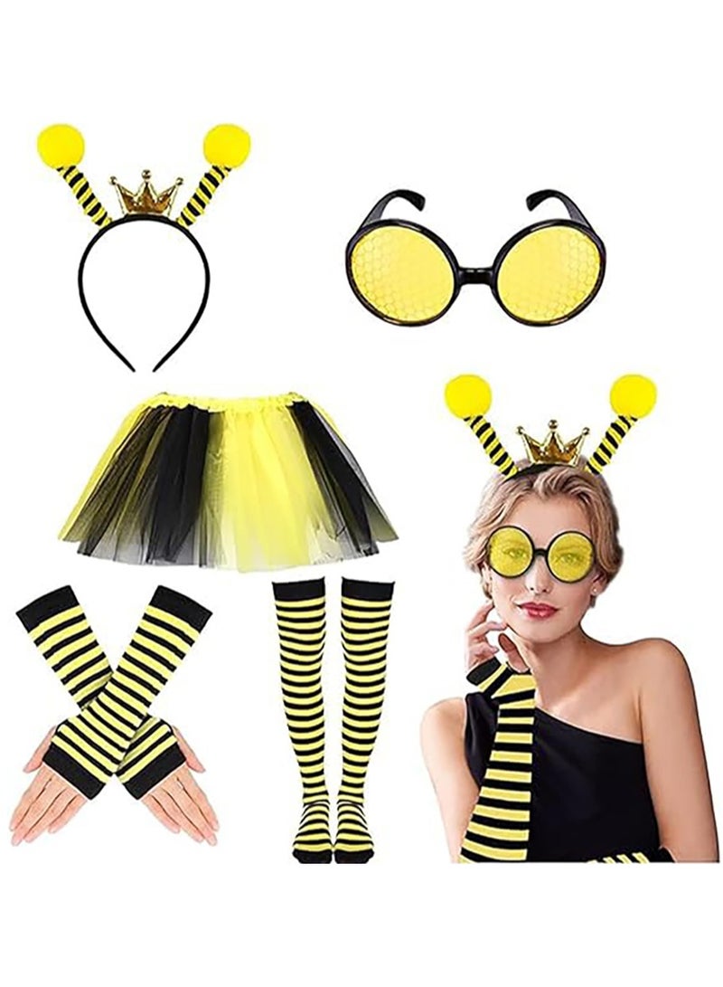 VUCATIN Bee Costume Kit 5 PCS Bee Costume Yellow Antenna Headband Sunglasses Tutu Skirt Bee Striped Leg Warmers Knee Thigh High Stocking Long Gloves for Cosplay Party Halloween - Image 1