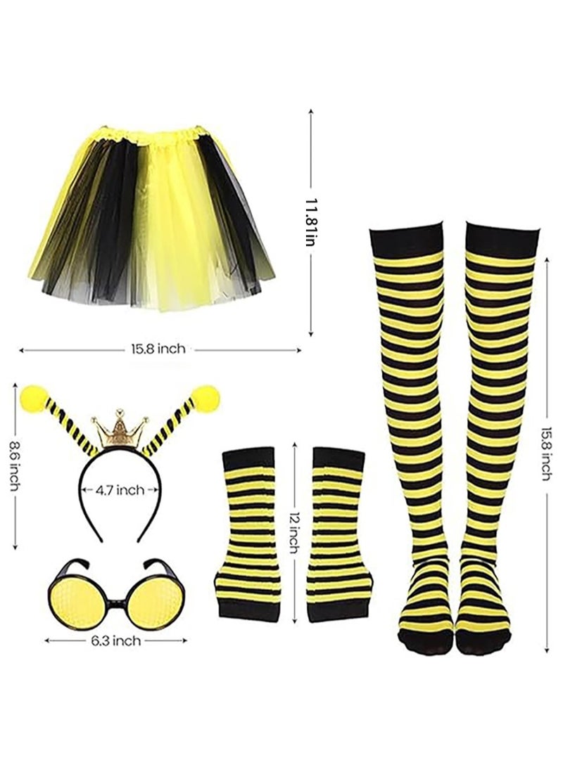 VUCATIN Bee Costume Kit 5 PCS Bee Costume Yellow Antenna Headband Sunglasses Tutu Skirt Bee Striped Leg Warmers Knee Thigh High Stocking Long Gloves for Cosplay Party Halloween - Image 2