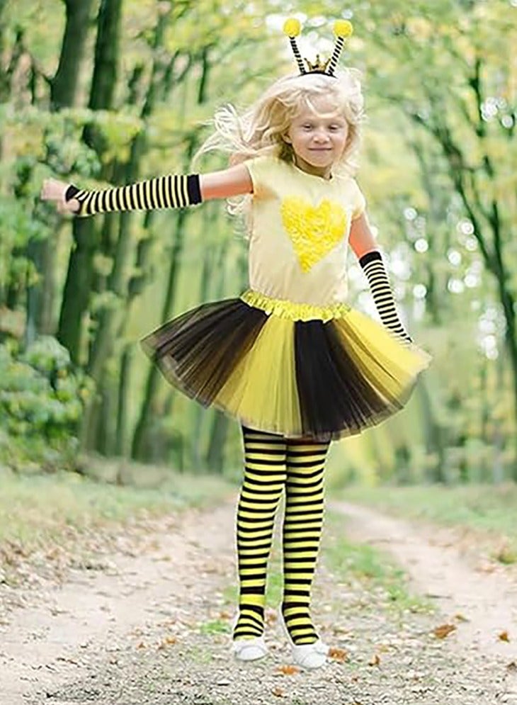 VUCATIN Bee Costume Kit 5 PCS Bee Costume Yellow Antenna Headband Sunglasses Tutu Skirt Bee Striped Leg Warmers Knee Thigh High Stocking Long Gloves for Cosplay Party Halloween - Image 4