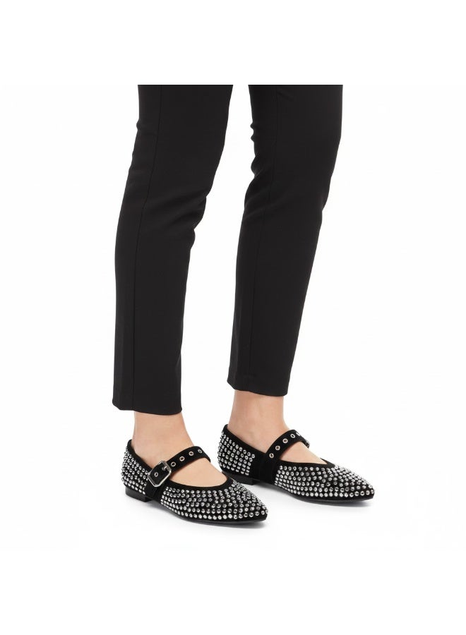 Women's flat shoes adorned with sparkling rhinestones, featuring an elegant design and an adjustable strap. - Image 1