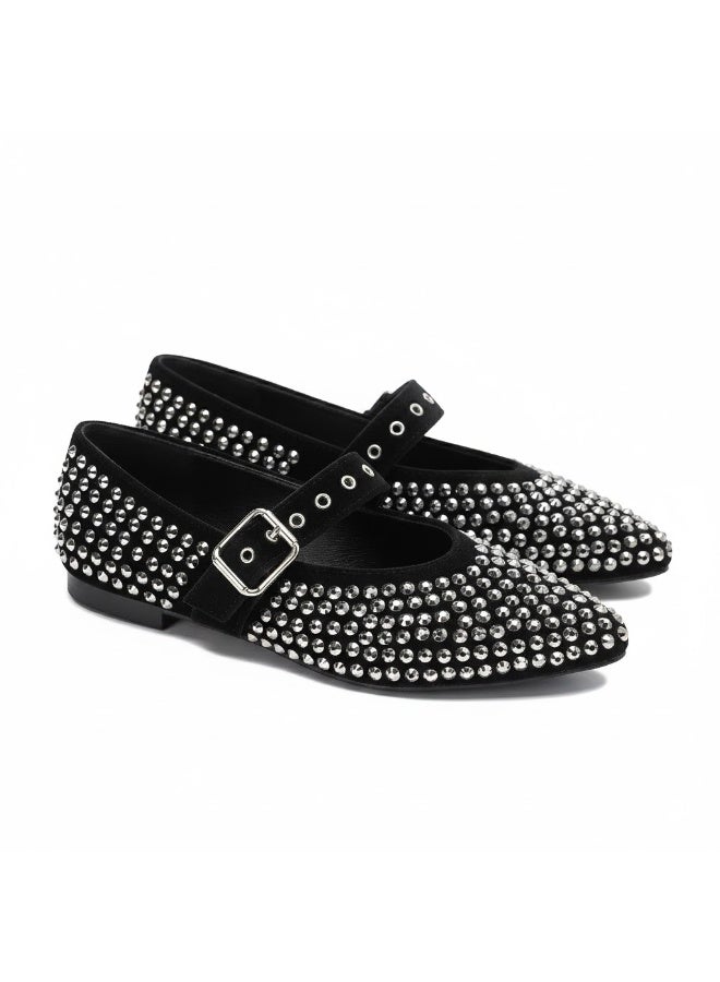 Women's flat shoes adorned with sparkling rhinestones, featuring an elegant design and an adjustable strap. - Image 2