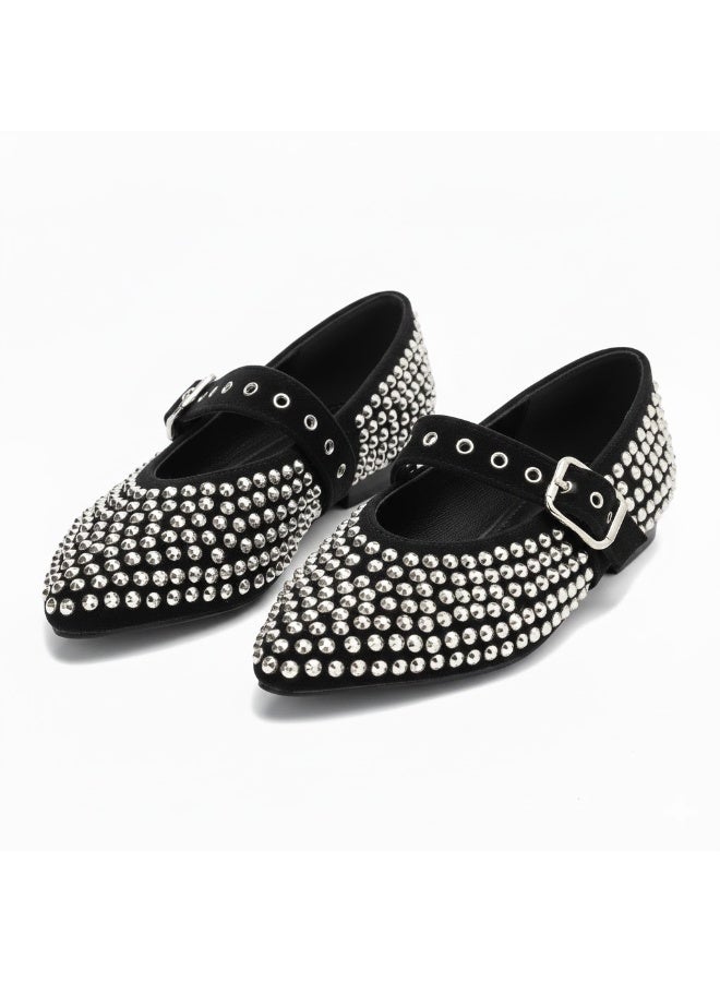 Women's flat shoes adorned with sparkling rhinestones, featuring an elegant design and an adjustable strap. - Image 5