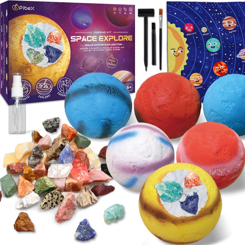 PIBEX Gemstone Dig Kit Dig up 30 Rocks Minerals from 6 Solar System Planets Archaeology Geology Science Experiment Activity Set Space Explore Mining Toy for Kids Gift for Boys Girls Age 6812 - Image 2
