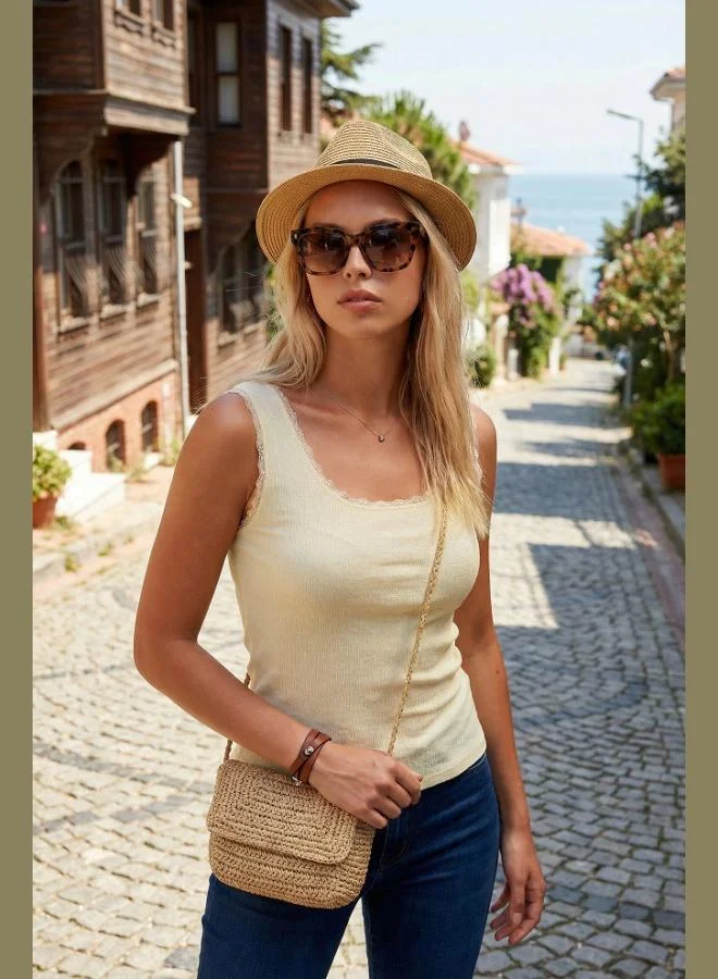 Lela Lela Slim Fit Thick Strap Lace Square Neck Crinkle Tank Top Women's Tank Top 5864979