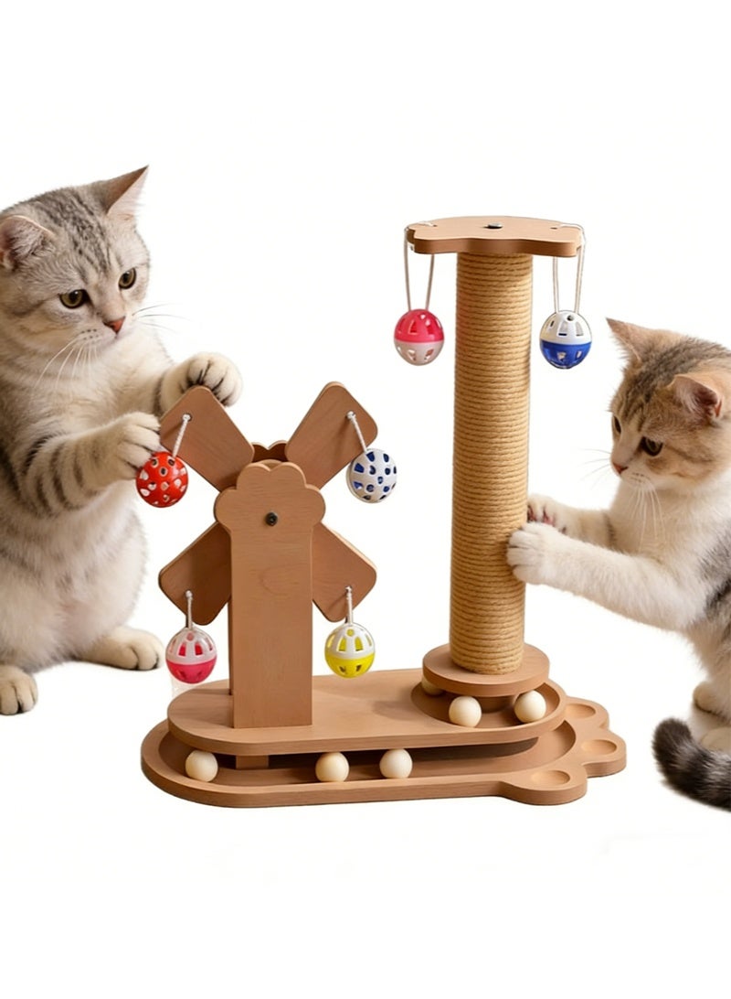 Sisily Cat Scratching Board Ferris Wheel, Interactive Cat Scratching Toy with Rotating Wheel and Hanging Balls, Wooden Cat Scratcher for Indoor Cats, Fun Play and Scratch Furniture - Image 1