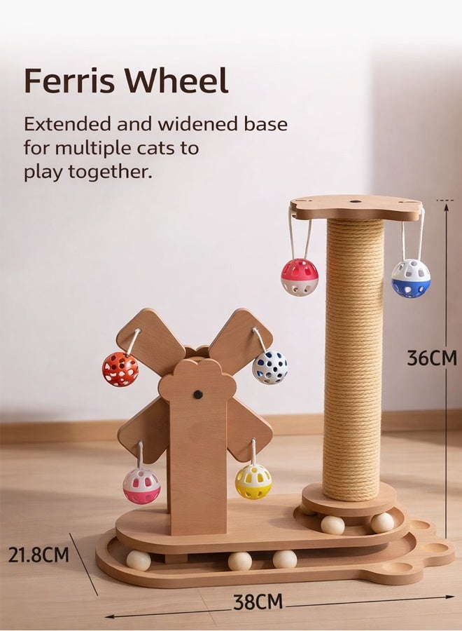 سيسلي لوح خدش للقطط بتصميم عجلة فيريس، لعبة تفاعلية للقطط مع عجلة دوارة وكرات معلقة، أداة خدش خشبية للقطط المنزلية للعب والخدش - Image 2
