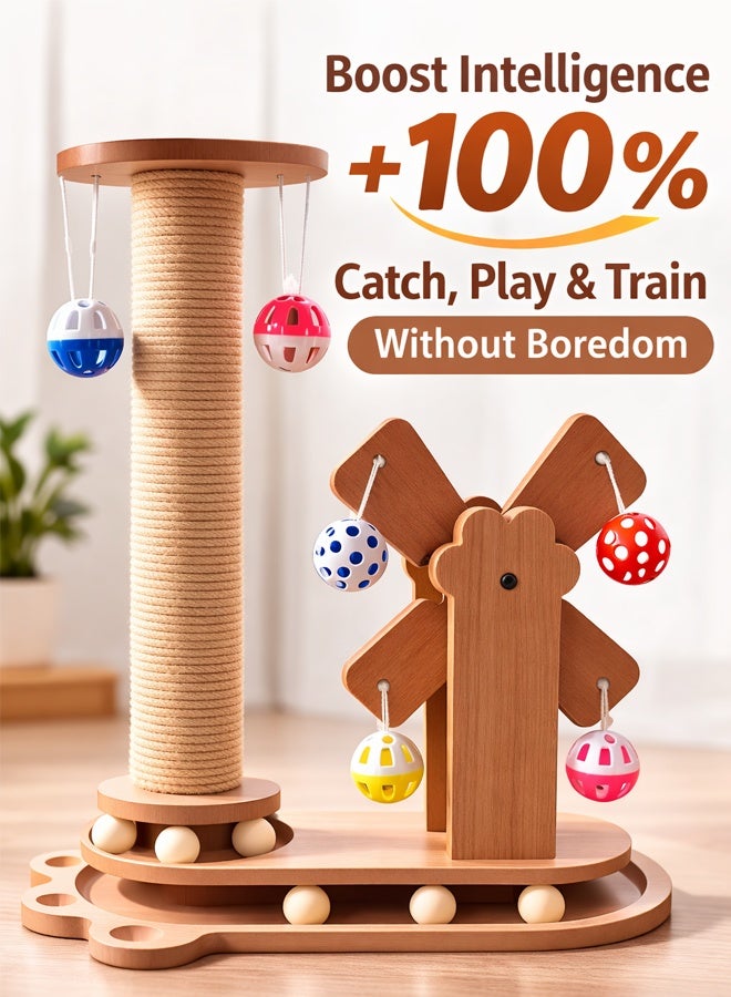 سيسلي لوح خدش للقطط بتصميم عجلة فيريس، لعبة تفاعلية للقطط مع عجلة دوارة وكرات معلقة، أداة خدش خشبية للقطط المنزلية للعب والخدش - Image 4