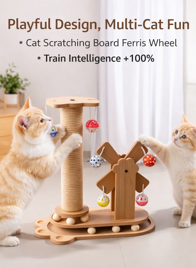 سيسلي لوح خدش للقطط بتصميم عجلة فيريس، لعبة تفاعلية للقطط مع عجلة دوارة وكرات معلقة، أداة خدش خشبية للقطط المنزلية للعب والخدش - Image 5