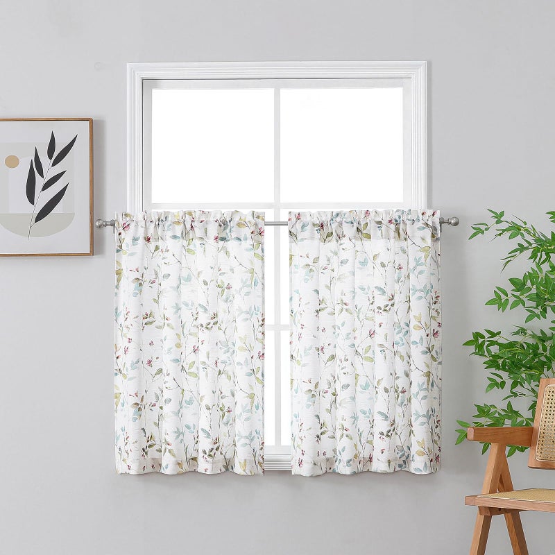 Chyhomenyc Roman Kitchen Curtains 36 Inch Length  Linen Blend Textured Small Half Window Curtain  Leaf Floral Printed Light Filtering Short Curtains For Bathroom Basement 38Wx36L Inch 2Pcs - Image 1