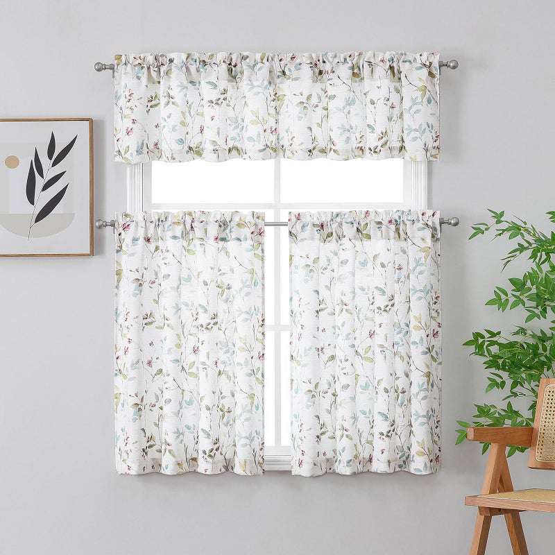 Chyhomenyc Roman Kitchen Curtains 36 Inch Length  Linen Blend Textured Small Half Window Curtain  Leaf Floral Printed Light Filtering Short Curtains For Bathroom Basement 38Wx36L Inch 2Pcs - Image 2