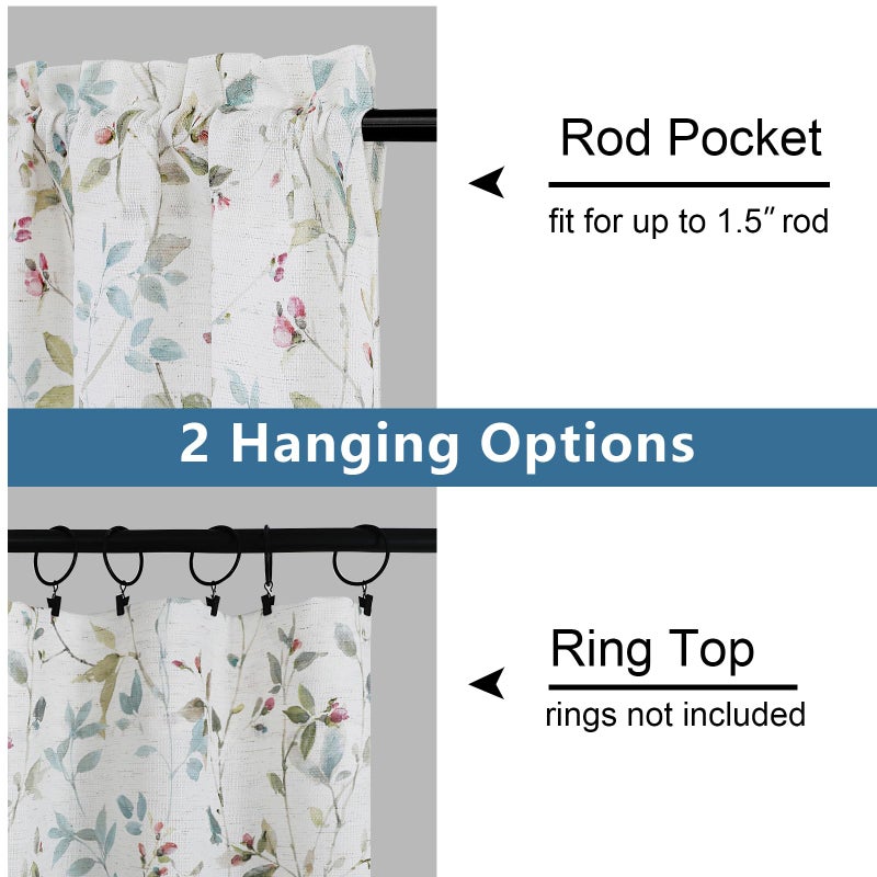 Chyhomenyc Roman Kitchen Curtains 36 Inch Length  Linen Blend Textured Small Half Window Curtain  Leaf Floral Printed Light Filtering Short Curtains For Bathroom Basement 38Wx36L Inch 2Pcs - Image 3
