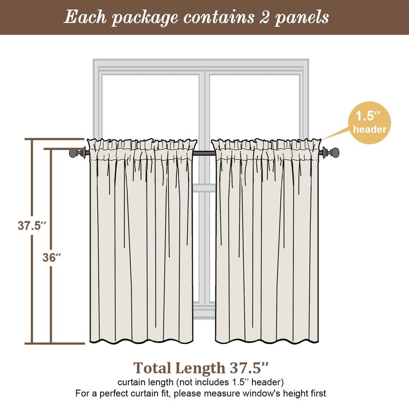 Chyhomenyc Roman Kitchen Curtains 36 Inch Length  Linen Blend Textured Small Half Window Curtain  Leaf Floral Printed Light Filtering Short Curtains For Bathroom Basement 38Wx36L Inch 2Pcs - Image 5