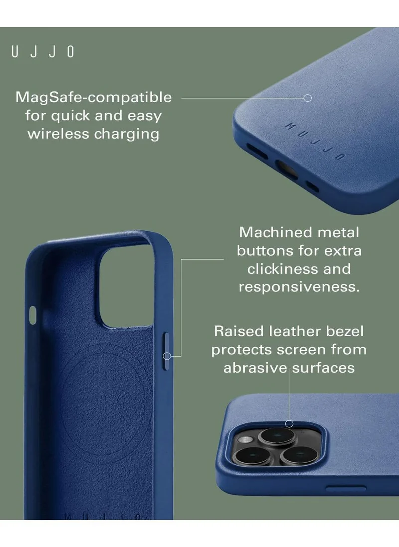موجو حافظة جلدية Mujjo لهاتف iPhone 15 Pro - حافظة جلدية، متوافقة مع MagSafe، جلد أوروبي فاخر، مظهر نحيف وأنيق، حماية معززة لعدسات الهاتف والكاميرا، مواد معاد تدويرها (موناكو بلو)