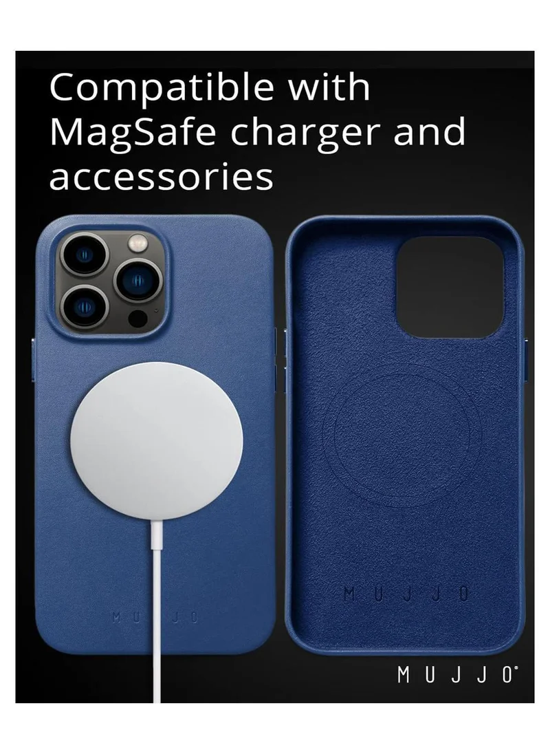 موجو حافظة جلدية Mujjo لهاتف iPhone 15 Pro - حافظة جلدية، متوافقة مع MagSafe، جلد أوروبي فاخر، مظهر نحيف وأنيق، حماية معززة لعدسات الهاتف والكاميرا، مواد معاد تدويرها (موناكو بلو)