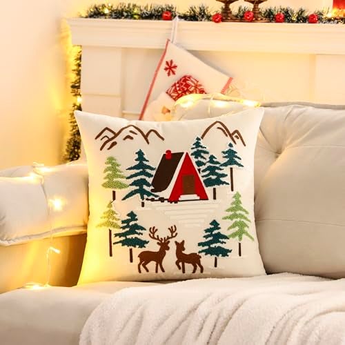 LUOYEHK Christmas Pillow Covers 18x18 Set of 2 House and Deer Decorative Beige Pillow Cases Winter Holiday Velvet Embroidered Cushion Covers for Couch Sofa Bed - Image 4