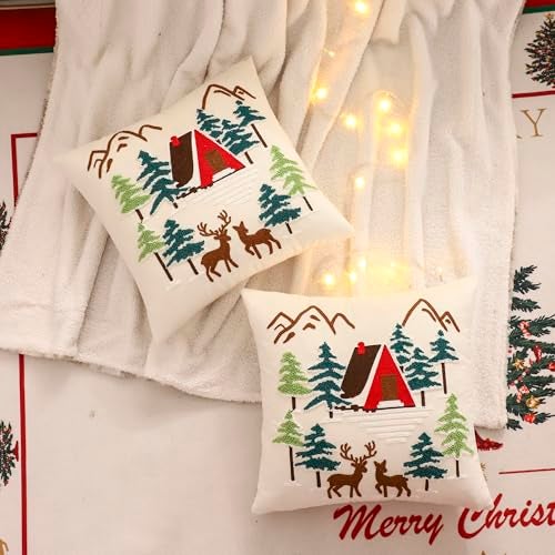 LUOYEHK Christmas Pillow Covers 18x18 Set of 2 House and Deer Decorative Beige Pillow Cases Winter Holiday Velvet Embroidered Cushion Covers for Couch Sofa Bed - Image 3