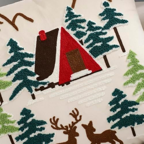 LUOYEHK Christmas Pillow Covers 18x18 Set of 2 House and Deer Decorative Beige Pillow Cases Winter Holiday Velvet Embroidered Cushion Covers for Couch Sofa Bed - Image 5