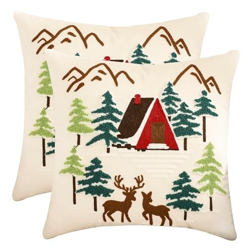 LUOYEHK Christmas Pillow Covers 18x18 Set of 2 House and Deer Decorative Beige Pillow Cases Winter Holiday Velvet Embroidered Cushion Covers for Couch Sofa Bed - Image 1