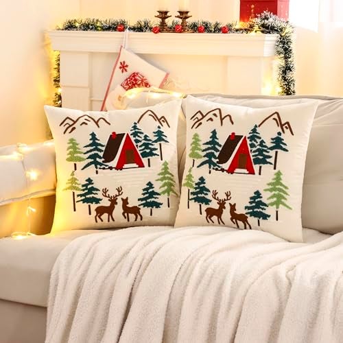 LUOYEHK Christmas Pillow Covers 18x18 Set of 2 House and Deer Decorative Beige Pillow Cases Winter Holiday Velvet Embroidered Cushion Covers for Couch Sofa Bed - Image 2