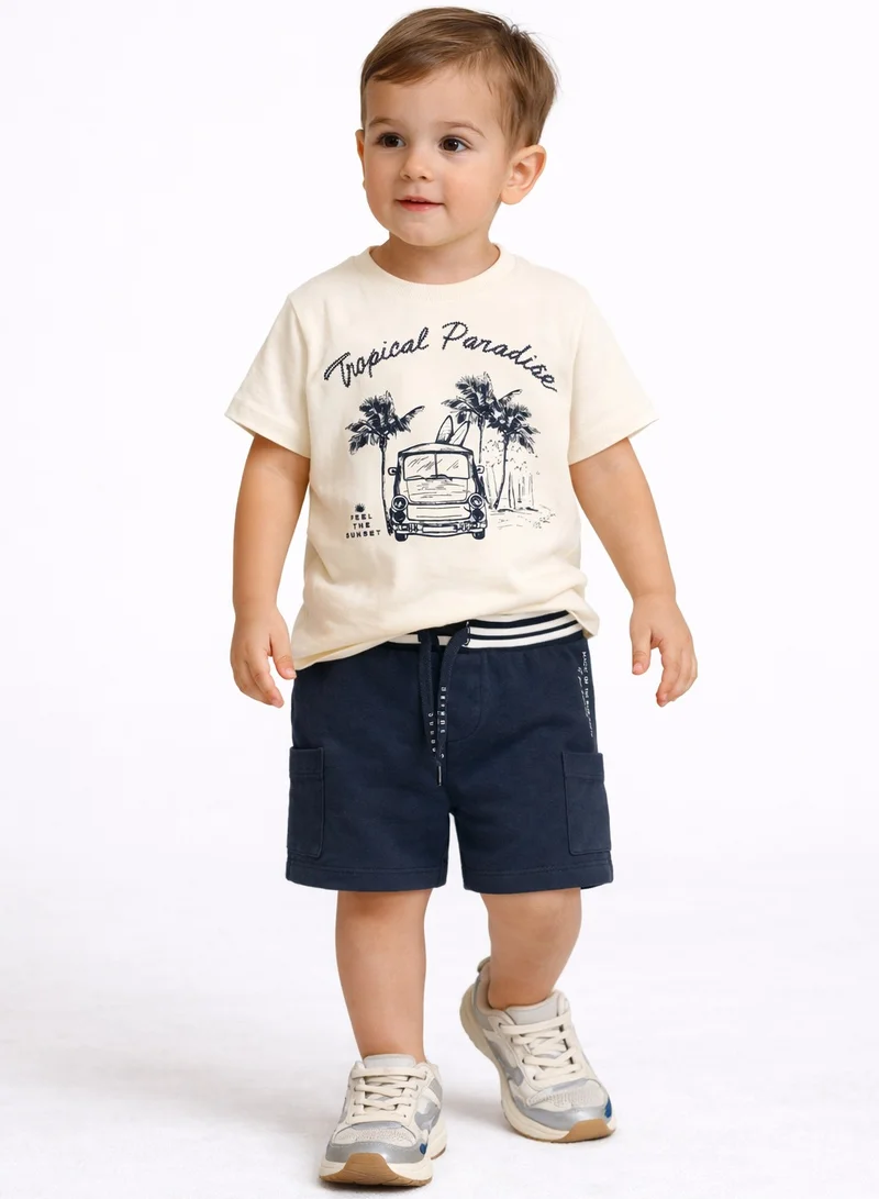 Dirkje Boys 2 Pc Set “Tropical Wheels” Cotton Tee & Striped-Waistband Shorts Set
