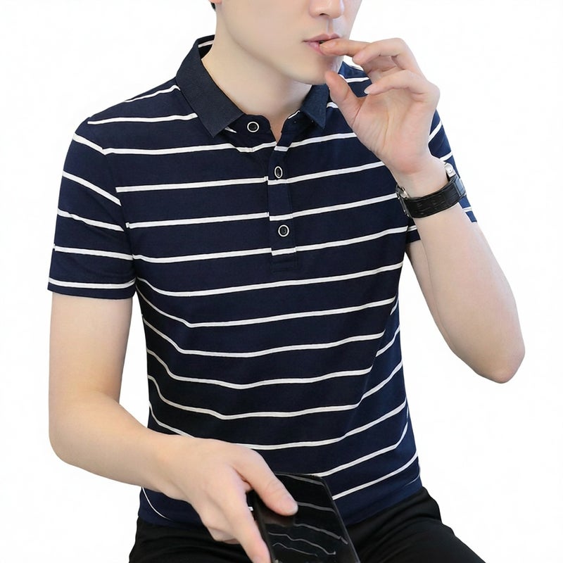 Mens Short Sleeve Eco-Friendly Cotton Striped Polo Shirt Casual Summer Top