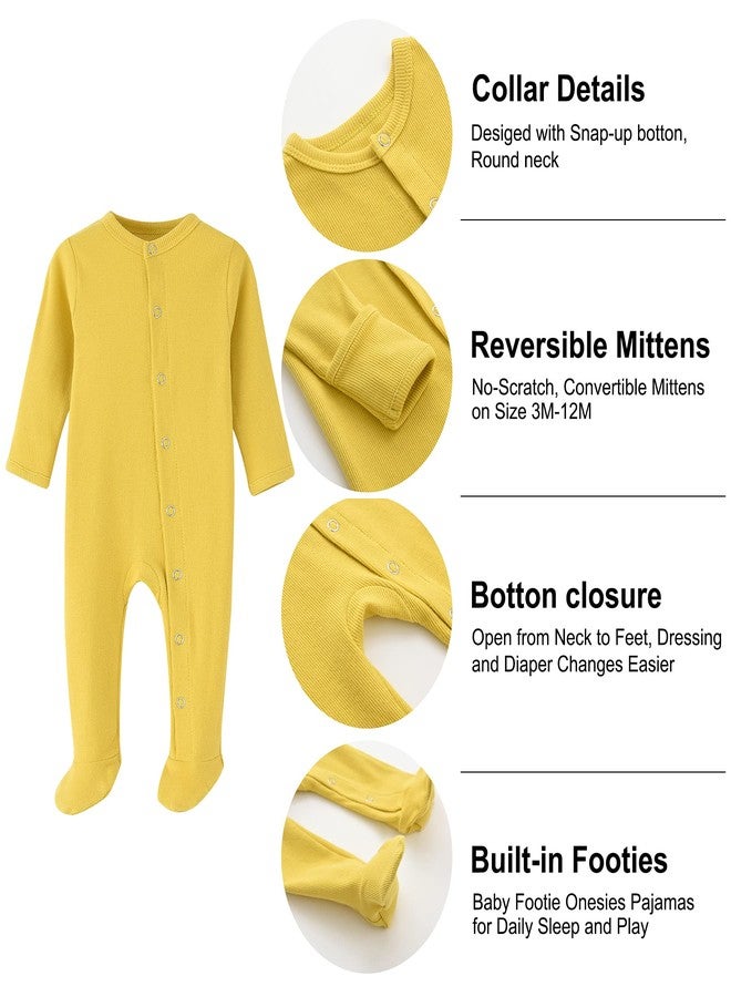 ACESTAR Newborn Baby Footed Pajamas with Mitten Cuffs - Cotton Unisex Snap-Up Baby Sleepers for Sleep and Play Footies Pjs (0-3 Months, Yellow) - Image 2