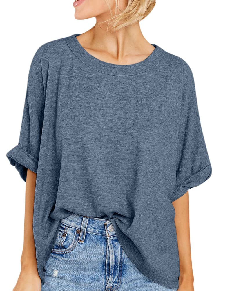 GeGekoko Women Oversized T-Shirt Summer Casual Short Sleeve Loose Tee Tops Blue Grey - Image 1