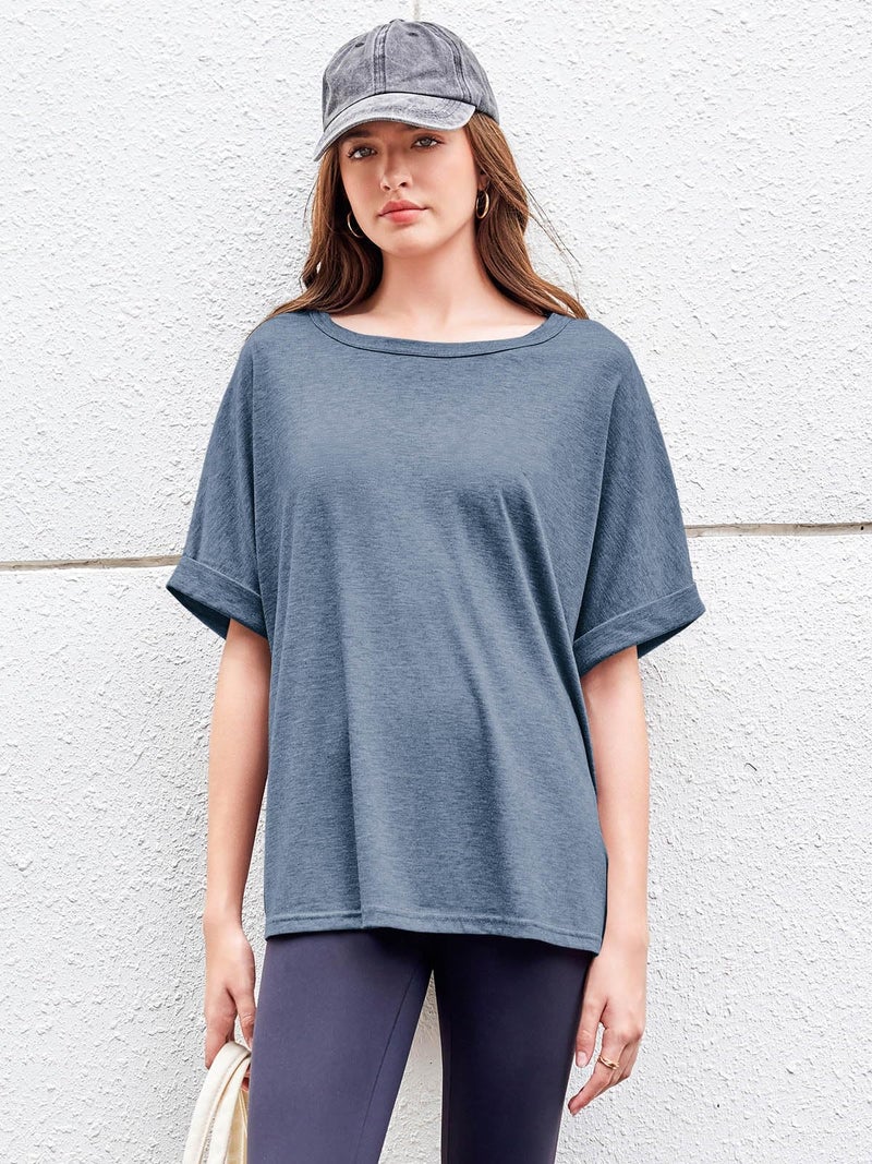 GeGekoko Women Oversized T-Shirt Summer Casual Short Sleeve Loose Tee Tops Blue Grey - Image 5