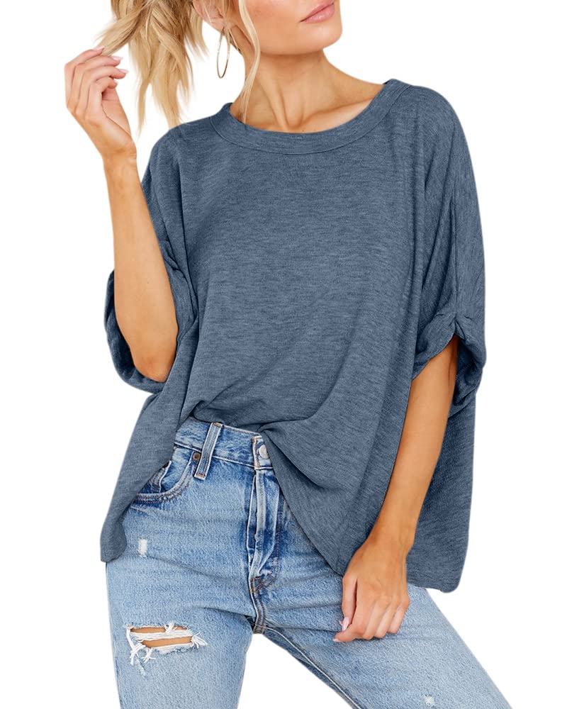 GeGekoko Women Oversized T-Shirt Summer Casual Short Sleeve Loose Tee Tops Blue Grey - Image 3