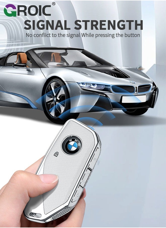 GROIC - For BMW Key Fob Cover with Keychain, Car Key Shell Case for BMW 3 5 7 Series  X1 X3 X5 X7 IX XM U11735i 740Li 2023 2024, BMW Remote Smart Key PC Protector, Car Key Holder Key Cover (Silver) - Image 1