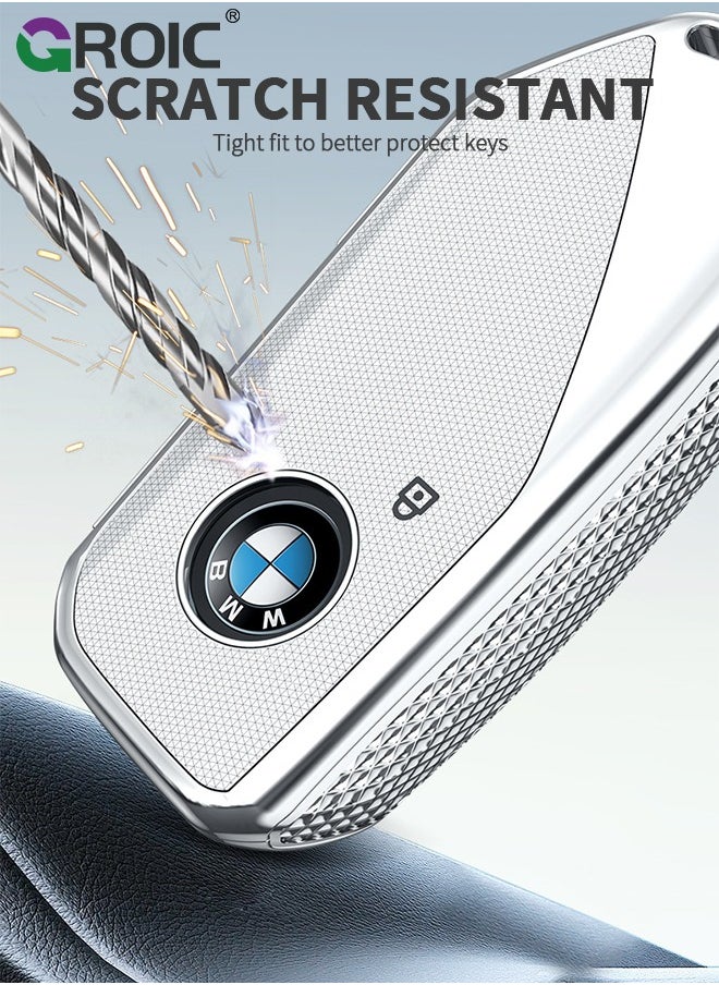 GROIC - For BMW Key Fob Cover with Keychain, Car Key Shell Case for BMW 3 5 7 Series  X1 X3 X5 X7 IX XM U11735i 740Li 2023 2024, BMW Remote Smart Key PC Protector, Car Key Holder Key Cover (Silver) - Image 1
