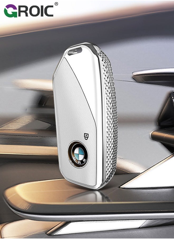 GROIC - For BMW Key Fob Cover with Keychain, Car Key Shell Case for BMW 3 5 7 Series  X1 X3 X5 X7 IX XM U11735i 740Li 2023 2024, BMW Remote Smart Key PC Protector, Car Key Holder Key Cover (Silver) - Image 1