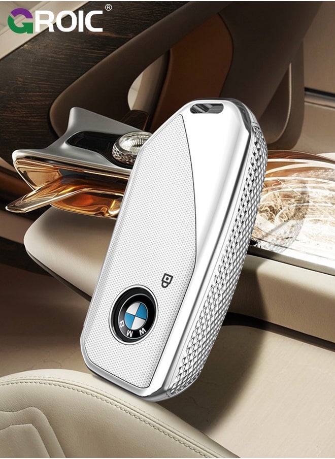 GROIC - For BMW Key Fob Cover with Keychain, Car Key Shell Case for BMW 3 5 7 Series  X1 X3 X5 X7 IX XM U11735i 740Li 2023 2024, BMW Remote Smart Key PC Protector, Car Key Holder Key Cover (Silver) - Image 1