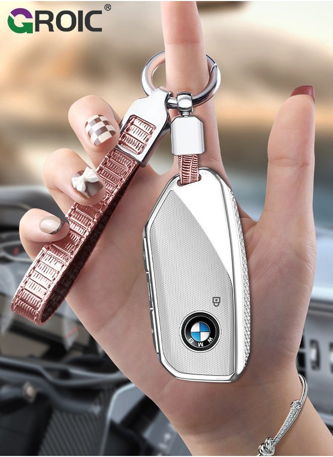 GROIC - For BMW Key Fob Cover with Keychain, Car Key Shell Case for BMW 3 5 7 Series  X1 X3 X5 X7 IX XM U11735i 740Li 2023 2024, BMW Remote Smart Key PC Protector, Car Key Holder Key Cover (Silver) - Image 1