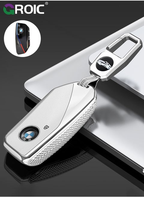 For BMW Key Fob Cover with Keychain, Car Key Shell Case for BMW 3 5 7 Series  X1 X3 X5 X7 IX XM U11735i 740Li 2023 2024, BMW Remote Smart Key PC Protector, Car Key Holder Key Cover (Silver)