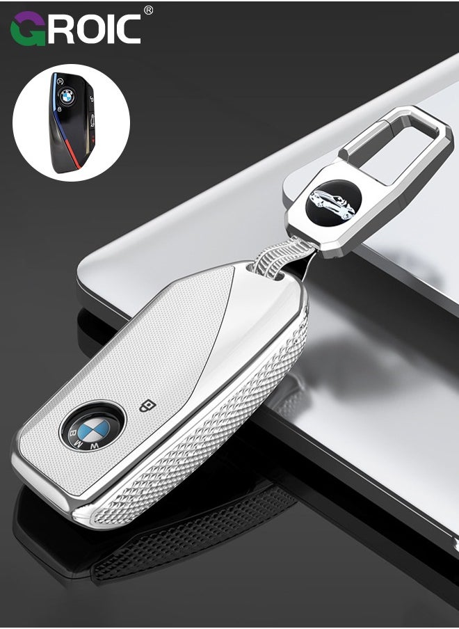 GROIC - For BMW Key Fob Cover with Keychain, Car Key Shell Case for BMW 3 5 7 Series  X1 X3 X5 X7 IX XM U11735i 740Li 2023 2024, BMW Remote Smart Key PC Protector, Car Key Holder Key Cover (Silver) - Image 1