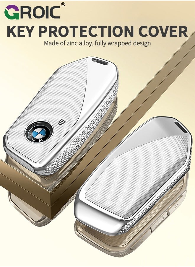 GROIC - For BMW Key Fob Cover with Keychain, Car Key Shell Case for BMW 3 5 7 Series  X1 X3 X5 X7 IX XM U11735i 740Li 2023 2024, BMW Remote Smart Key PC Protector, Car Key Holder Key Cover (Silver) - Image 1